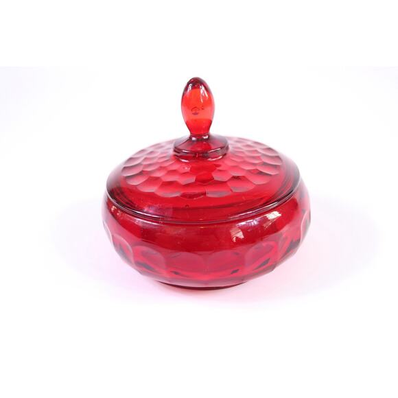 Vintage Viking Glass Georgian Ruby Red Honeycomb Candy Dish And Lid 6" Diameter - Picture 8 of 8